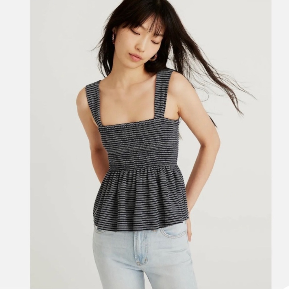 Madewell Texture & Thread Smocked Peplum Stripe Tank Top Navy Blue White Size XL